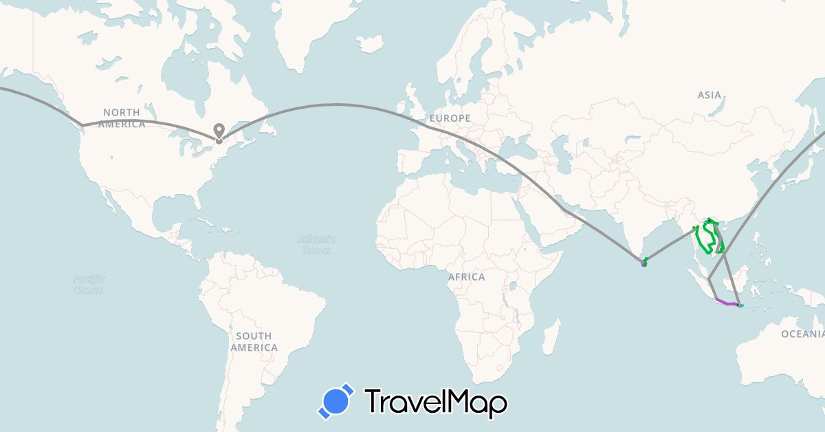 TravelMap itinerary: driving, bus, plane, train, boat in Canada, France, Indonesia, Cambodia, Laos, Sri Lanka, Qatar, Singapore, Thailand, Vietnam (Asia, Europe, North America)